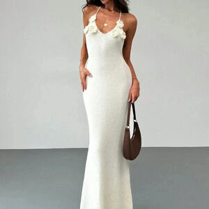 Apricot Sexy Women's Backless Floral Knitted Bodycon Maxi Dress